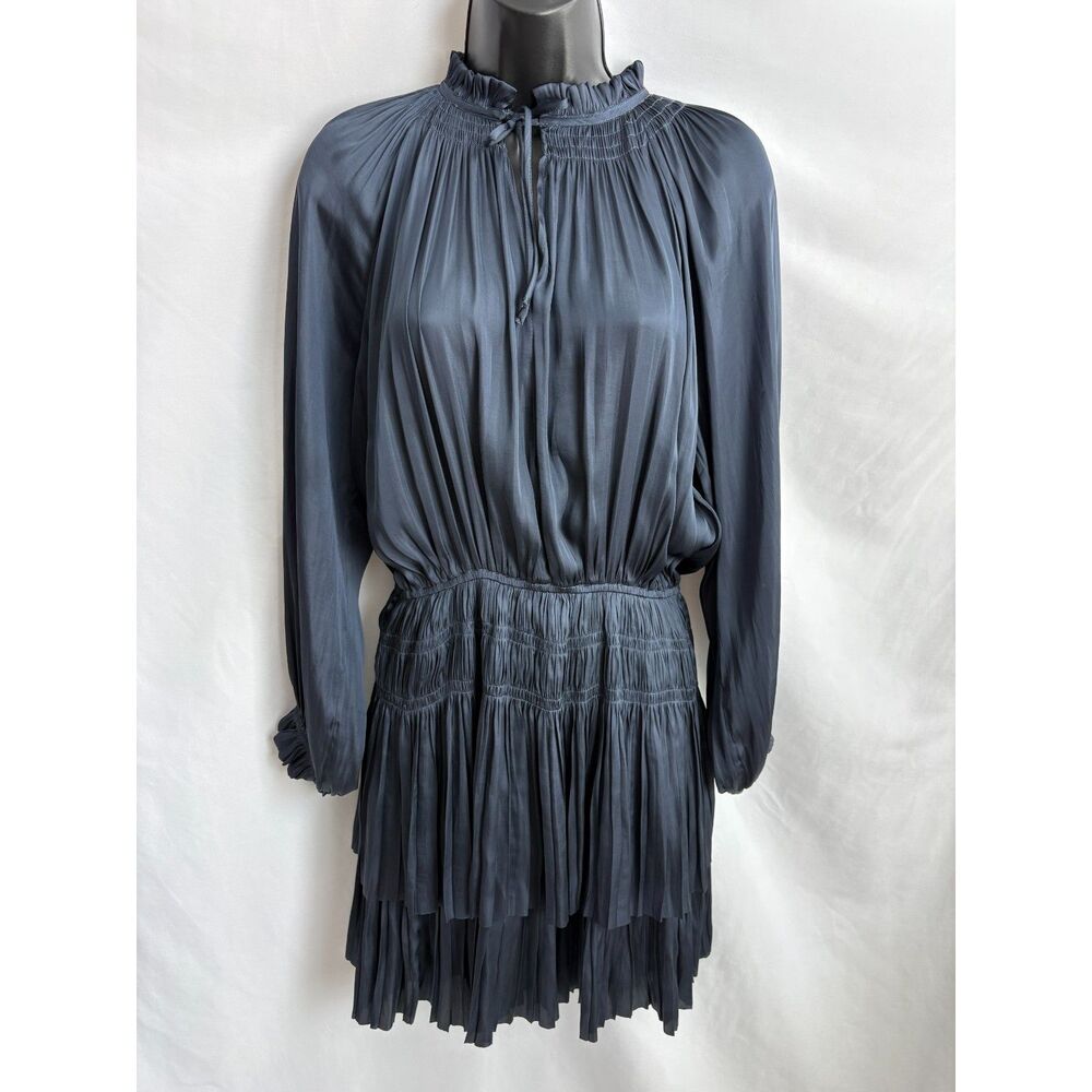 RESET by Jane NWT Jamie Dress Navy Blue Ruffles Tiered Romantic L Long Sleeve